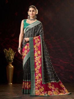 Garden VARELI - Women Black Viscose Printed Saree with Unstitched Blouse