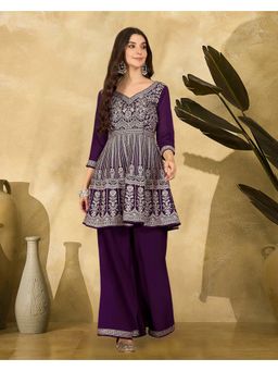 KVS FAB - Purple Silk Blend Zari Chain Embroidered Kurta with Palazzo