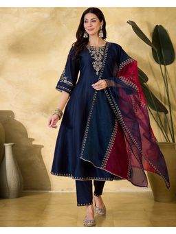 KVS FAB - Navy Blue Silk Blend Sequence Thread Embroidered Kurta with Pant and Dupatta