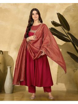 KVS FAB - Red Silk Blend Embroidered with Woven Design Kurta with Pant and Dupatta