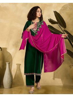 KVS FAB - Bottle Green Zari Sequence Thread Embroidered Kurta with Pant and Dupatta