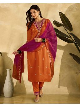 KVS FAB - Orange Silk Blend Thread Embroidered Kurta with Pant and Dupatta
