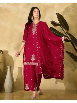 KVS FAB - Red Silk Blend Thread Embroidered Kurta with Palazzo and Dupatta