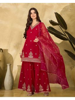 KVS FAB - Red Georgette Sequence Thread Embroidered Kurta with Sharara and Dupatta