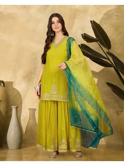 KVS FAB - Green Georgette Thread Embroidered Kurta with Sharara and Dupatta