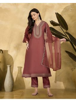 KVS FAB - Rust Silk Blend Zari Sequence Thread Embroidered Kurta with Pant and Dupatta