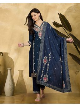 KVS FAB - Navy Blue Zari Sequence Thread Embroidered Kurta with Pant and Dupatta