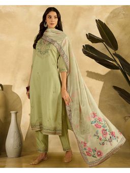 KVS FAB - Green Silk Blend Thread Embroidered Kurta with Pant and Dupatta