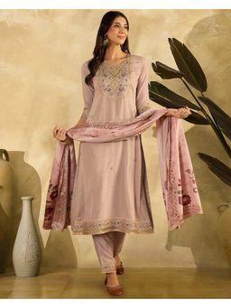KVS FAB - Peach Silk Blend Thread Embroidered Kurta with Pant and Dupatta