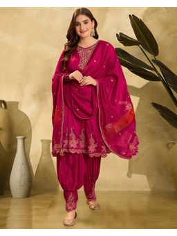 KVS FAB - Pink Silk Blend Zari Sequence Embroidered Kurta with Pant and Dupatta