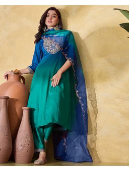 KVS FAB - Teal Blue Silk Blend Thread Embroidered Kurta with Pant and Dupatta