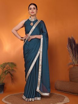 FABMORA - Women Blue Silk Solid Saree with Unstitched Blouse