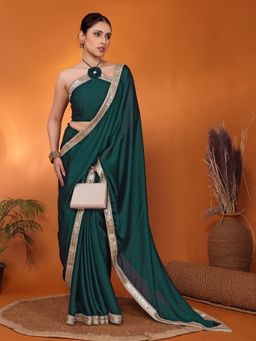 FABMORA - Women Green Silk Solid Saree with Unstitched Blouse