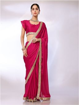 FABMORA - Women Pink Satin Solid Saree with Unstitched Blouse
