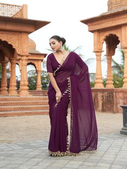 FABMORA - Women Wine Georgette Solid Saree with Unstitched Blouse