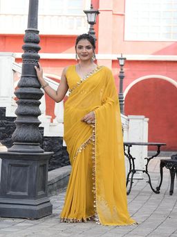 FABMORA - Women Yellow Georgette Solid Saree with Unstitched Blouse