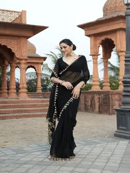 FABMORA - Women Black Georgette Solid Saree with Unstitched Blouse