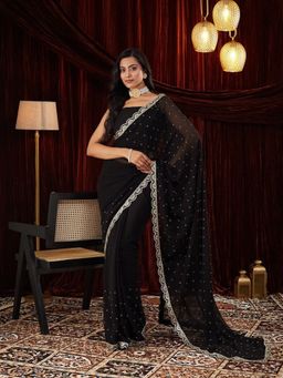 FABMORA - Women Black Georgette Embellished Saree with Unstitched Blouse
