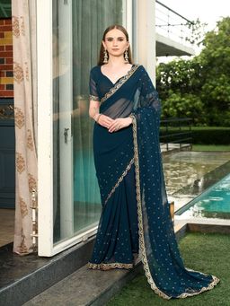 FABMORA - Women Blue Georgette Embellished Saree with Unstitched Blouse
