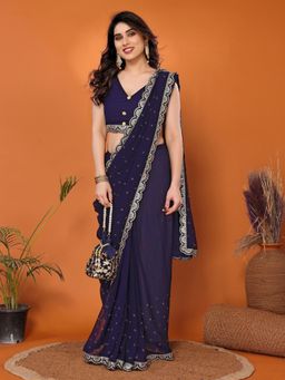FABMORA - Women Purple Georgette Embellished Saree with Unstitched Blouse