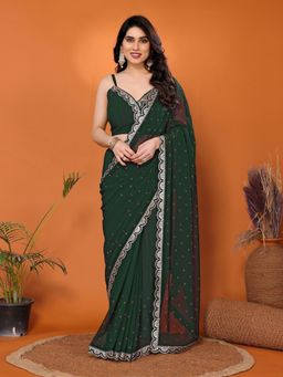 FABMORA - Women Green Georgette Embellished Saree with Unstitched Blouse