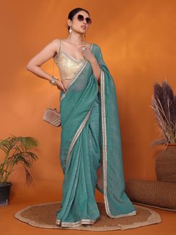 FABMORA - Women Blue Silk Solid Saree with Unstitched Blouse