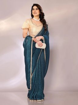 FABMORA - Women Green Georgette Solid Saree with Unstitched Blouse