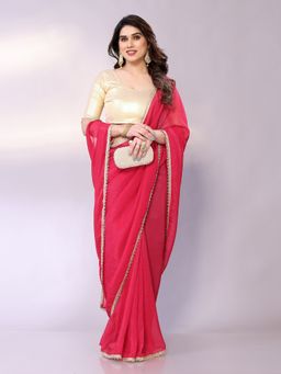 FABMORA - Women Pink Georgette Solid Saree with Unstitched Blouse