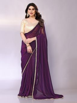 FABMORA - Women Purple Georgette Solid Saree with Unstitched Blouse