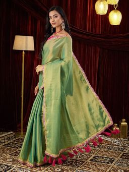 FABMORA - Women Green Silk Solid Saree with Unstitched Blouse