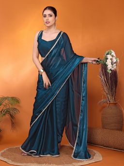 FABMORA - Women Blue Silk Solid Saree with Unstitched Blouse
