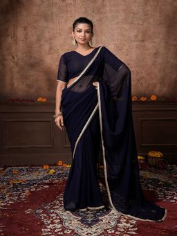 FABMORA - Women Blue Georgette Solid Saree with Unstitched Blouse