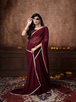 FABMORA - Women Magenta Georgette Solid Saree with Unstitched Blouse