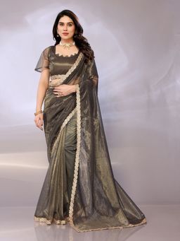 FABMORA - Women Olive Net Embellished Saree with Unstitched Blouse