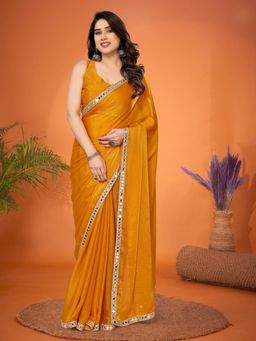 FABMORA - Women Mustard Silk Solid Saree with Unstitched Blouse
