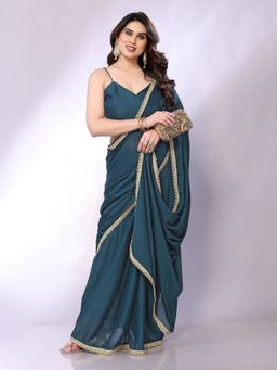 FABMORA - Women Teal Georgette Solid Saree with Unstitched Blouse