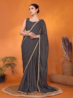 FABMORA - Women Grey Georgette Solid Saree with Unstitched Blouse