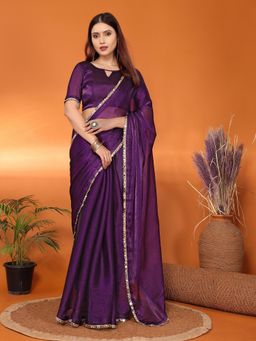 FABMORA - Women Wine Silk Solid Saree with Unstitched Blouse