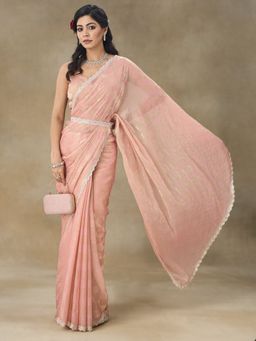 FABMORA - Women Peach Crepe Embellished Saree with Unstitched Blouse