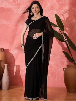 FABMORA - Women Black Georgette Solid Saree with Unstitched Blouse