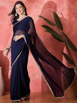 FABMORA - Women Blue Georgette Solid Saree with Unstitched Blouse