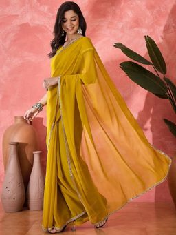 FABMORA - Women Yellow Georgette Solid Saree with Unstitched Blouse