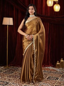 FABMORA - Women Gold Organza Solid Saree with Unstitched Blouse