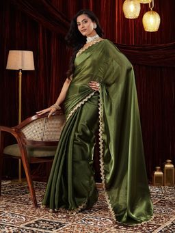 FABMORA - Women Green Organza Solid Saree with Unstitched Blouse