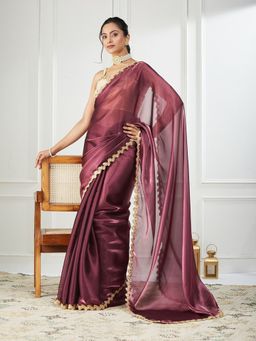 FABMORA - Women Mauve Organza Solid Saree with Unstitched Blouse