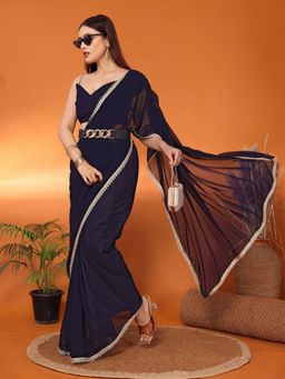 FABMORA - Women Blue Georgette Solid Saree with Unstitched Blouse