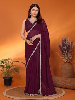 FABMORA - Women Wine Georgette Solid Saree with Unstitched Blouse