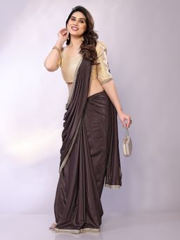 FABMORA - Women Brown Georgette Solid Saree with Unstitched Blouse