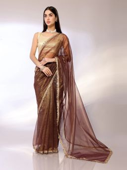 FABMORA - Women Brown Organza Solid Saree with Unstitched Blouse