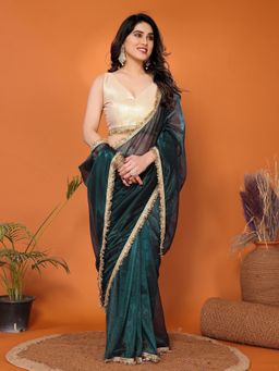 FABMORA - Women Green Organza Solid Saree with Unstitched Blouse